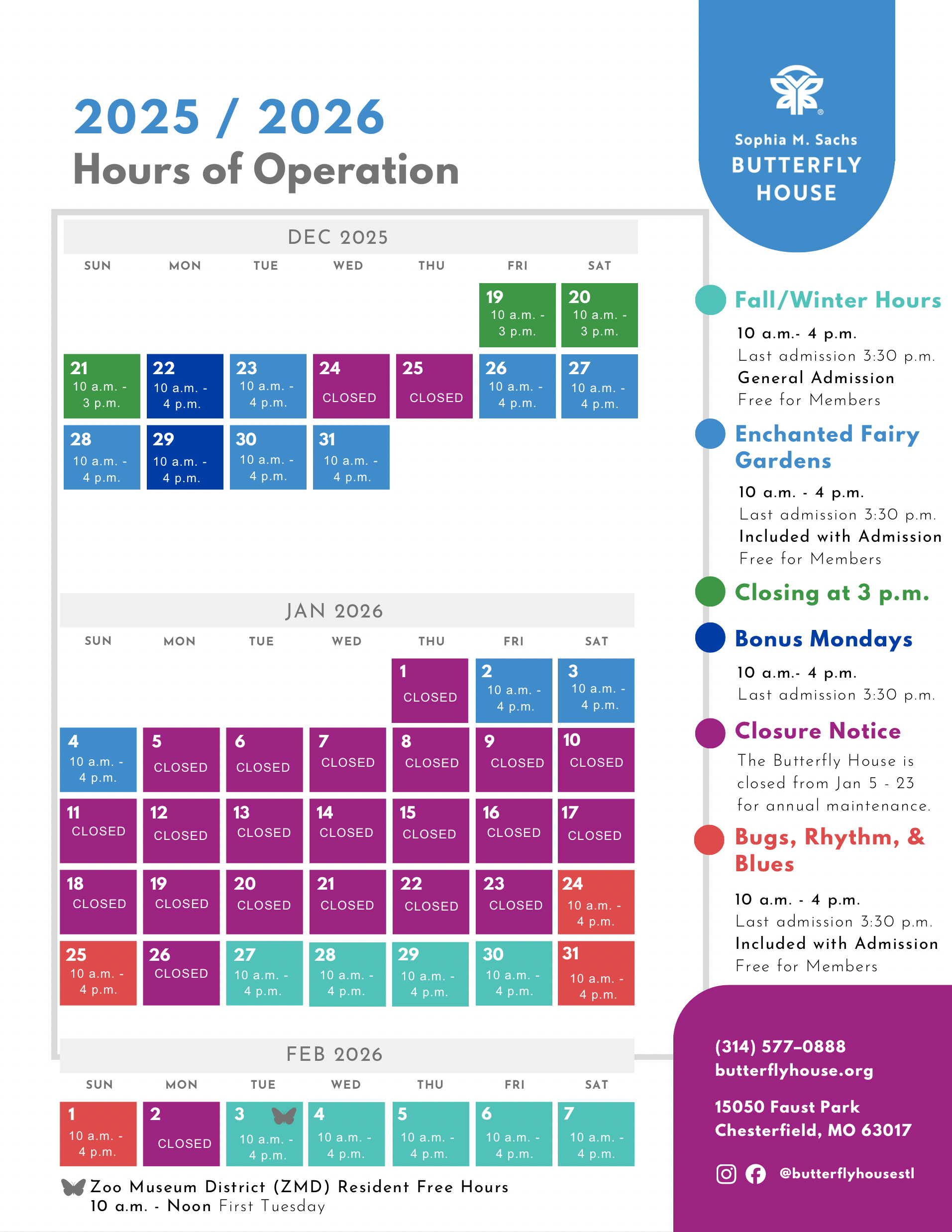 Butterfly House Operating Hours Calendar